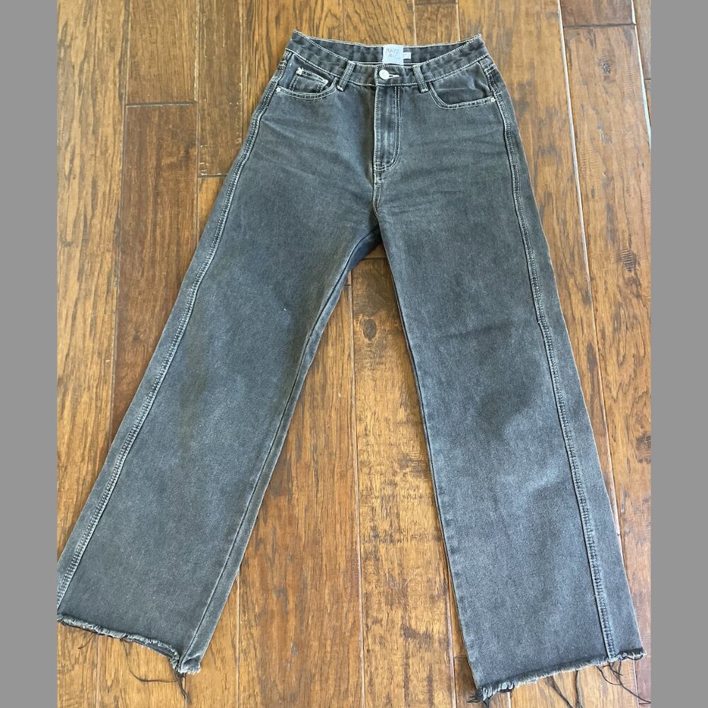Princess Polly Black High Rise Wide Leg Raw Hem Jeans with White Stitching